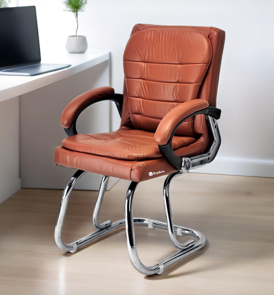 Image of Stainless Steel Special Director Principal Manager Office Visitor Study Chair with Arm Rest with Double Pipe Frame and Cushioned Seat Back (1, Brown, Double Pipe Frame)