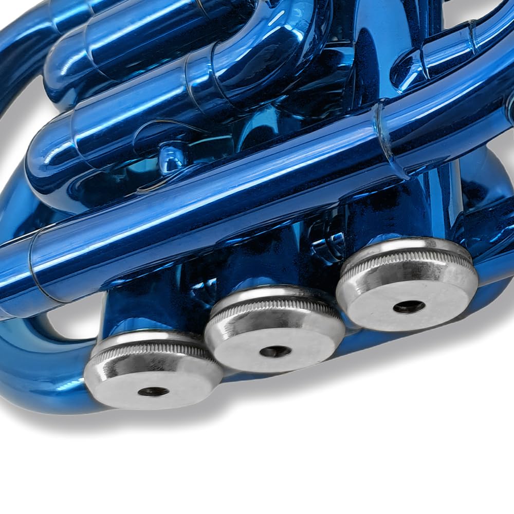 Tromba tascabile professionale in ottone, finitura laccata, con custodia per il trasporto e accessori per la pulizia per principianti e musicisti (blu)