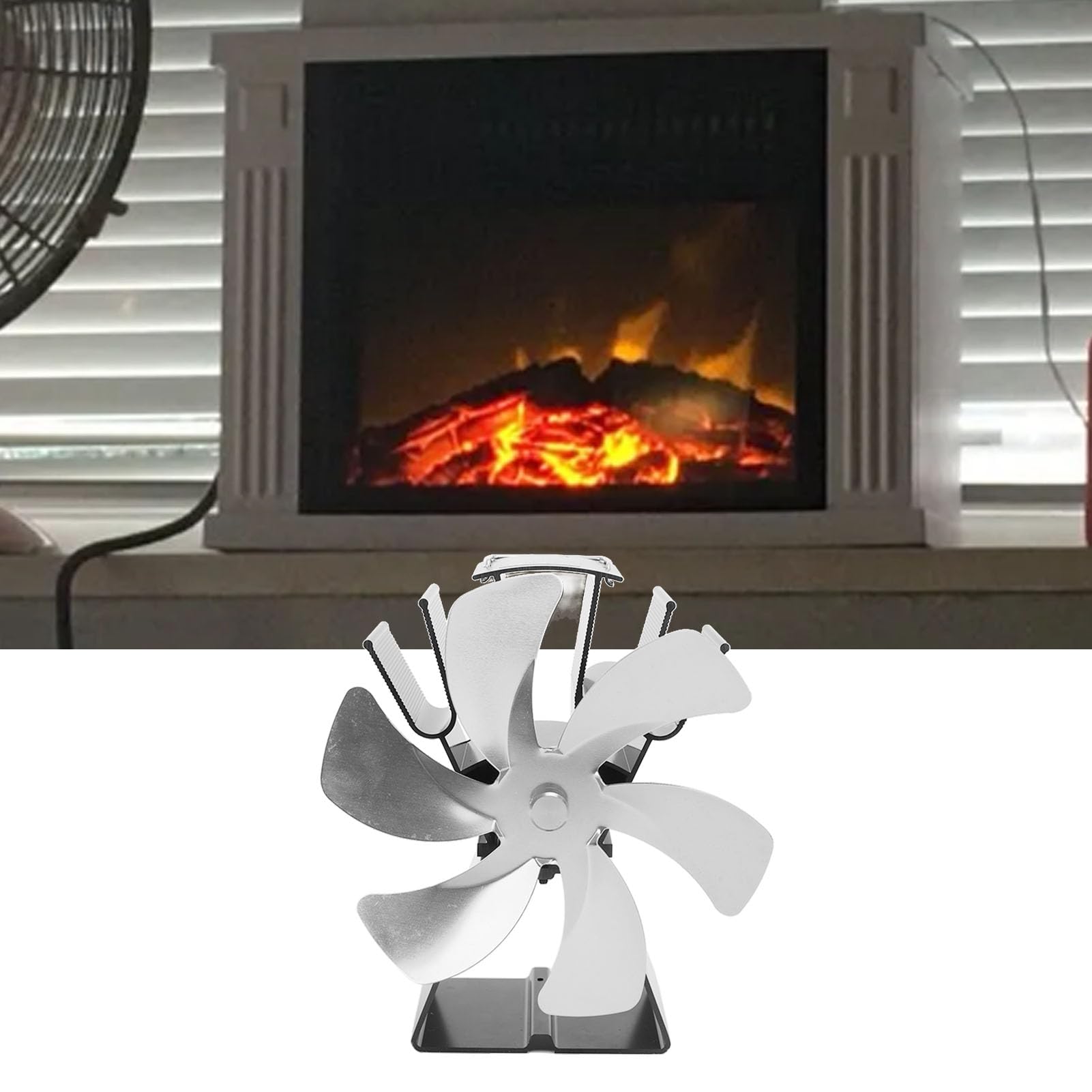 Ventilatore per Stufa Alimentato a Calore, Ventilatore per Stufa a Legna a 6 Pale in Lega di Alluminio, per Camino a Controllo Manuale, Design Unico Azionato Dal per Stufe a Legna (SILVER)