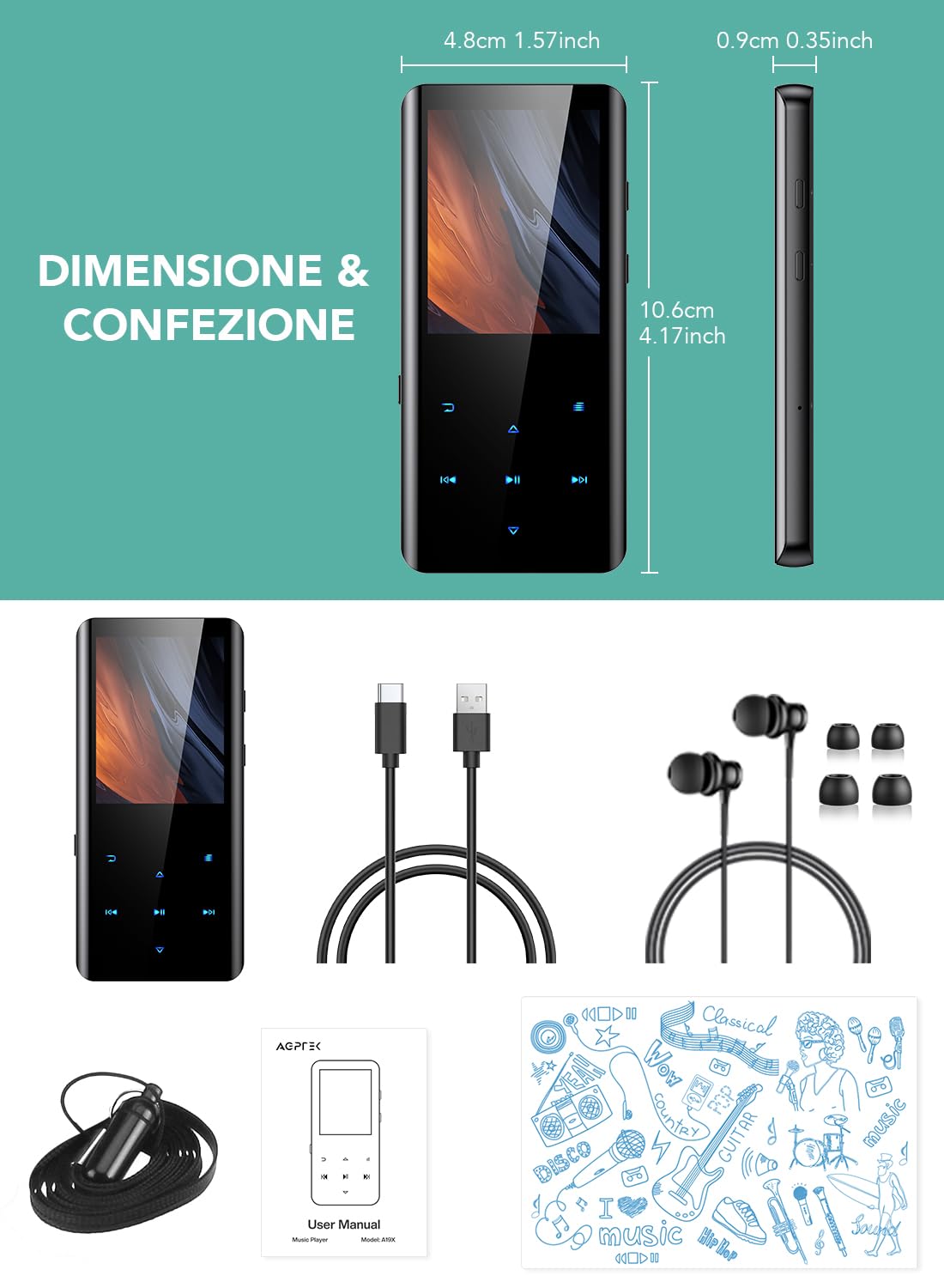 AGPTEK Lettore MP3 da 64 GB, Bluetooth 5.3 con schermo a colori TFT da 2,4 pollici, musica HiFi con altoparlante, pulsanti touch, radio FM, e-book, registrazione, timer sleep, supporto fino a 128 GB,