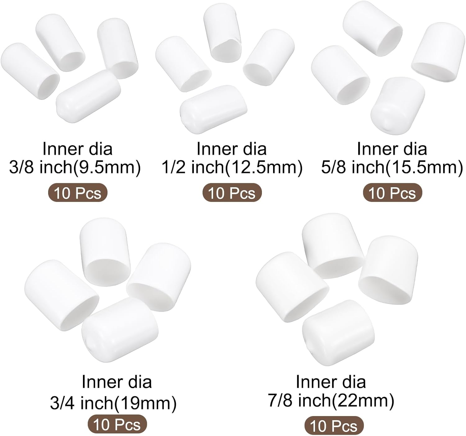 MECCANIXITY 50pcs Round End Protective Caps Rubber Cover 3/8" 1/2" 5/8" 3/4" 7/8" White Screw Protector for Screw Bolt, Plumbing Pipe