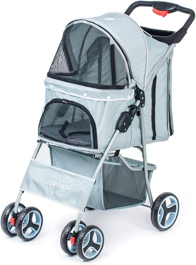 comiga Pet Stroller, 4-Wheel Cat Stroller, Foldable Dog Stroller with Removable Liner and Storage Basket, for Small-Medium Pet,Light Blue