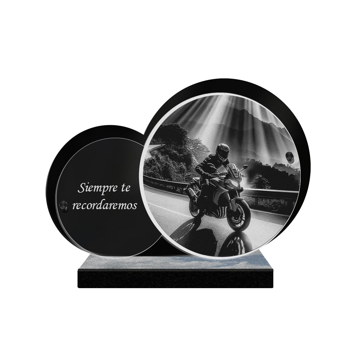 Eternel - Placa Funeraria Personalizada Doble Círculo - Motociclista, Moto, Piloto - Texto Personalizable, Placa Funeraria Grabada Con Láser Para Homenaje Placa Mortuoria Tumba Funerales Conmemoración