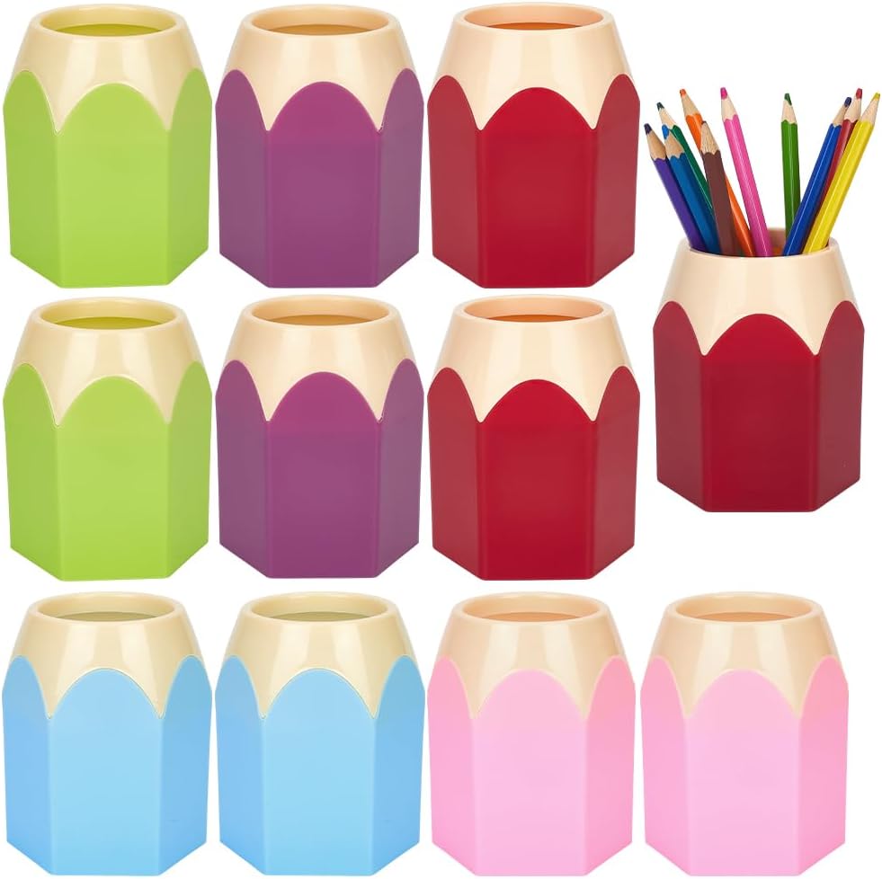 AHANDMAKER 10 Pack Pencil Shaped Pen Holders 5 Color Plastic Pen Cup Desktop Organizer 3.66 Inch Height for Office Home Classroom Teacher Appreciation Gifts Back to School Decoration
