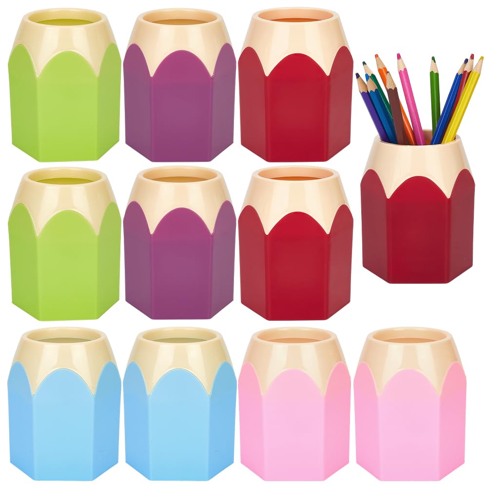AHANDMAKER 10 Pack Pencil Shaped Pen Holders 5 Color Plastic Pen Cup Desktop Organizer 3.66 Inch Height for Office Home Classroom Teacher Appreciation Gifts Back to School Decoration
