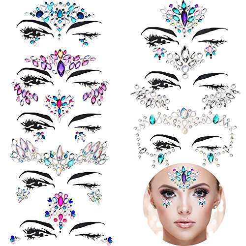 TOODOO 8 Sets Mermaid Face Gems Glitter Sticker Rhinestone Bindis Crystal Face Jewels Tattoo Forehead Decorations for Women Favors (Elegant Pattern)