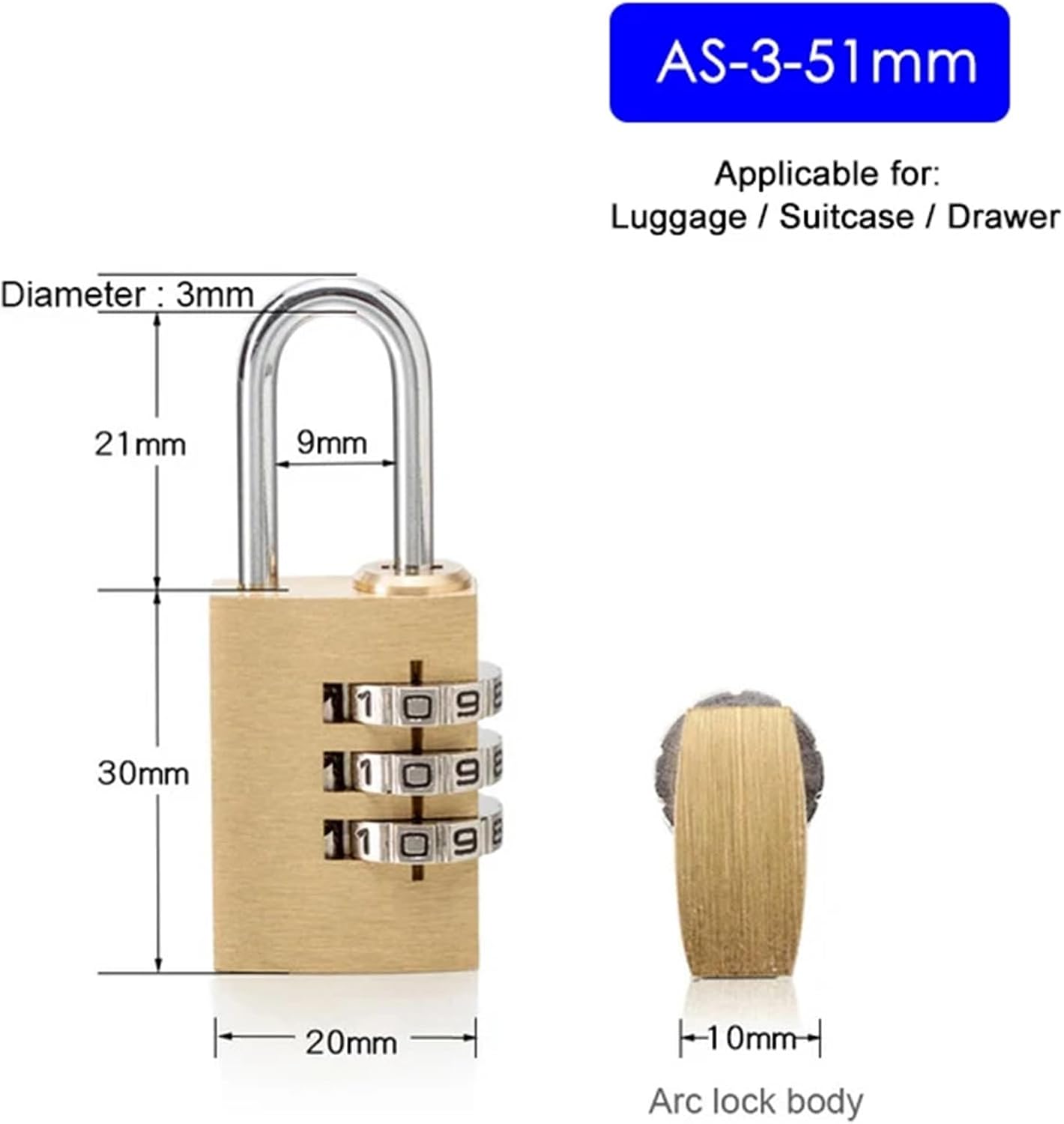 Solid Brass Copper Security Padlock Password Combination Code Lock for Gym Digital Locker Suitcase Drawer Hardware 1Pcs(AS-3-51)
