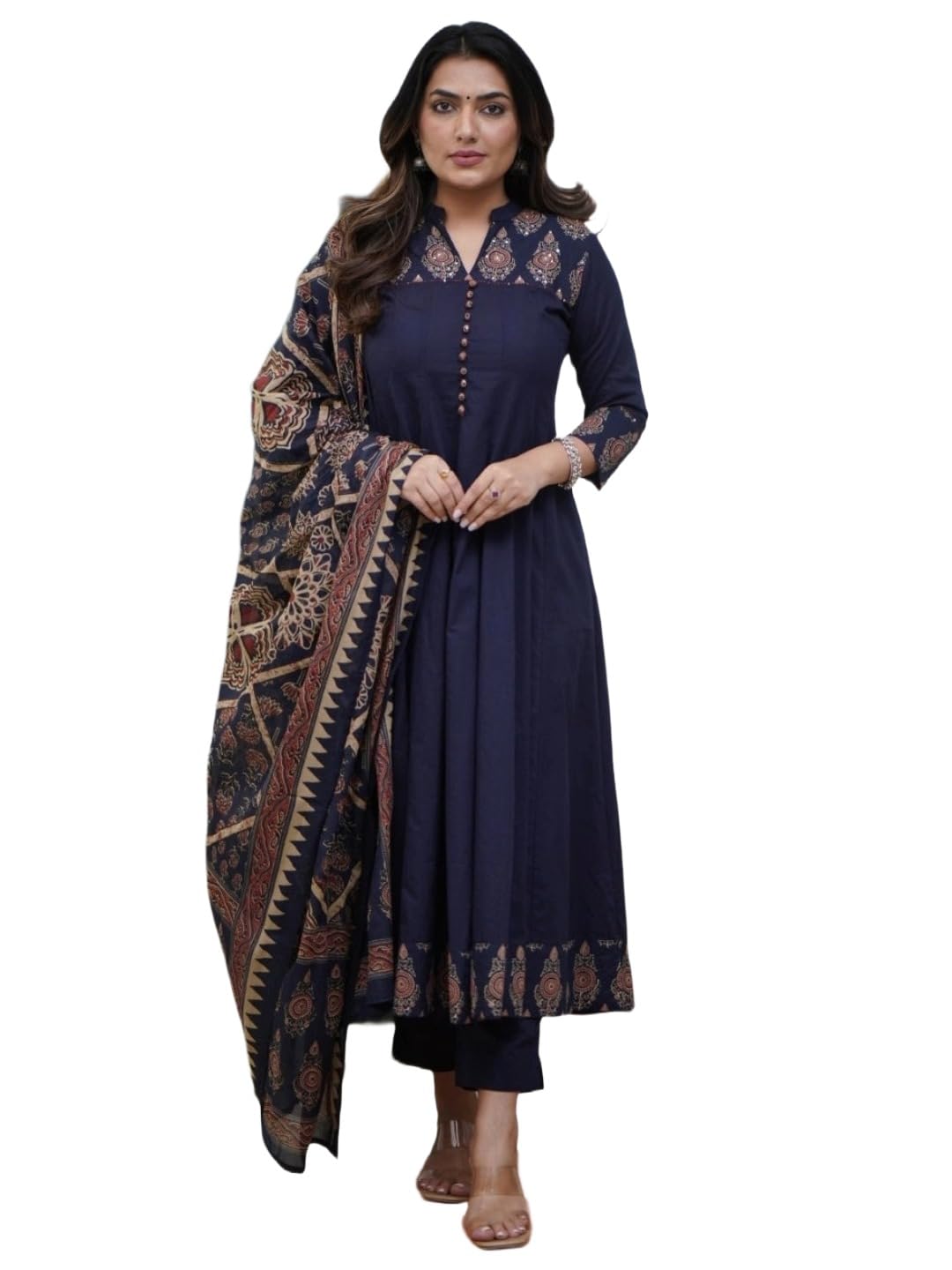 Women's Rayon Viscose Anarkali Printed Kurta with Pant and Dupatta | V-Neck Kurti Set | 3/4 Length Regular Sleeves | Soft Flowing Fabric | Elegant 3 Piece Outfit