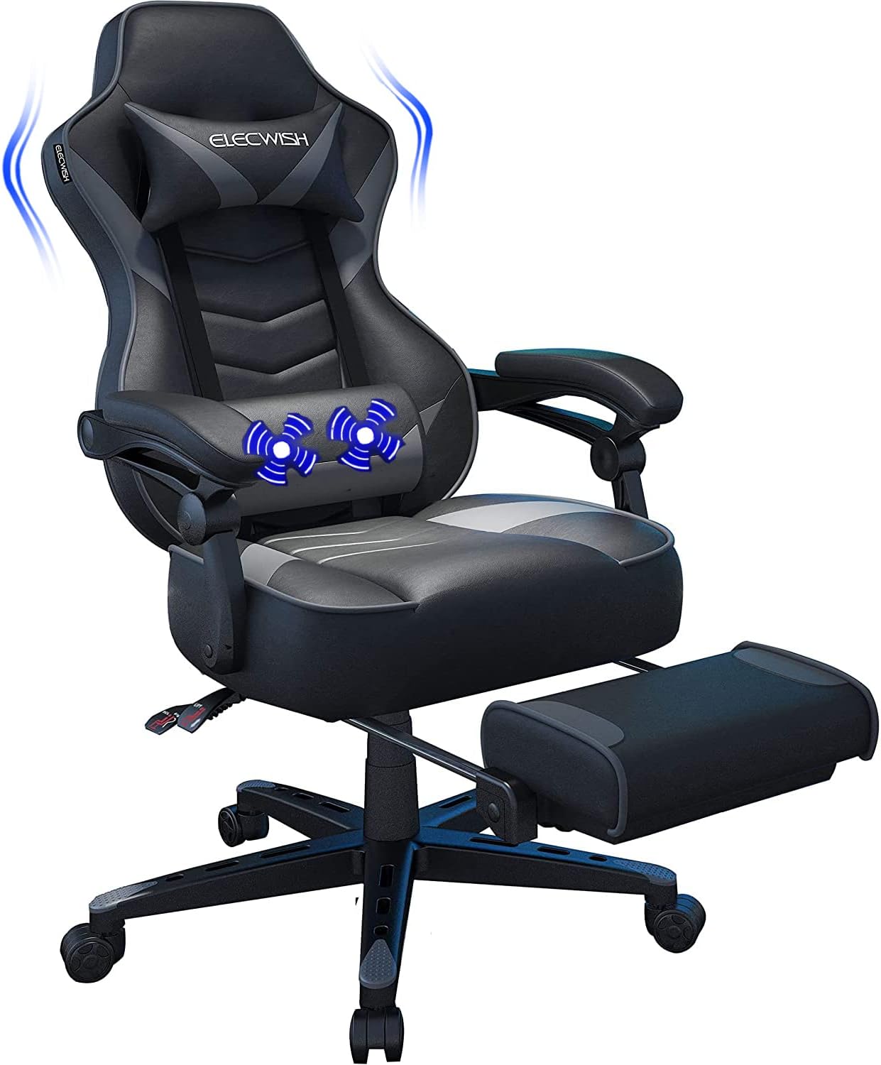 ELECWISH Massage Computer Gaming Chair, High-Back PU Leather Racing Office Chair 360 Swivel with Widen Thicken Seat, Footrest and Lumbar Support 170 Degree Reclining Large Size Ergonomic Chair (Grey)