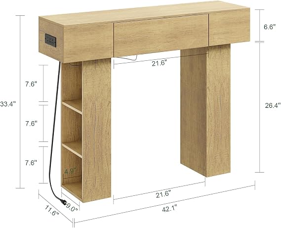 SoBuy Console Table with Outlet & Sensor Light, Farmhouse Entryway Table with Drawer, Open Storage for Hallway, Living Room, Bedroom, Foyer (Natural, 42)