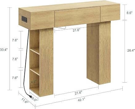 SoBuy Console Table with Outlet & Sensor Light, Farmhouse Entryway Table with Drawer, Open Storage for Hallway, Living Room, Bedroom, Foyer (Natural, 42)
