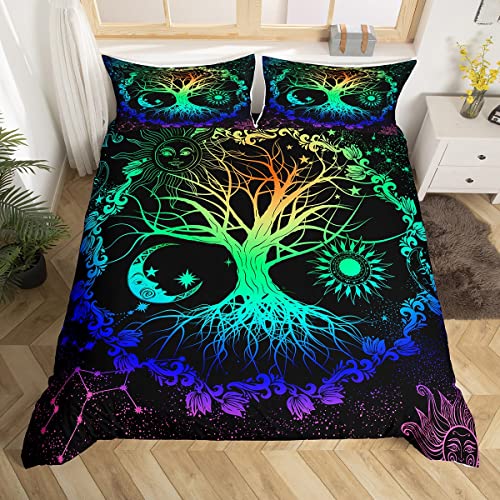 Loussiesd Tree Boys Duvet Cover Set Sun Moon Bedding Set Kids Teens Glitter Colorful Comforter Cover Floral Botanical Quilt Cover 3Pcs Bedding Double Size