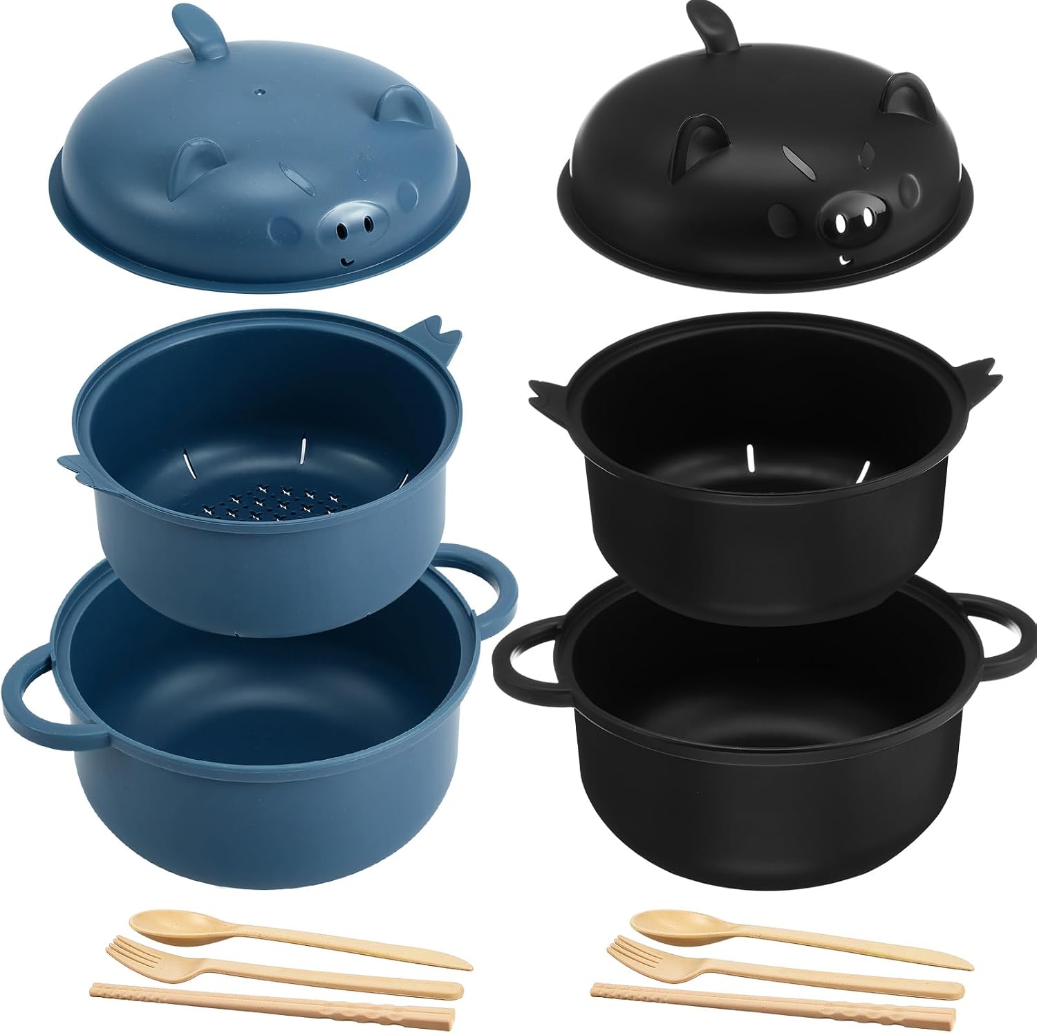 2 Sets 45oz Cute Pig Ramen Bowl Set Microwavable, Black, Dark Blue