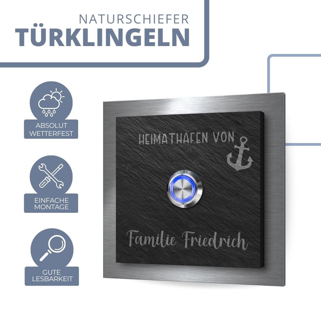 Schiefer Türklingel mit Edelstahlrahmen - Klingel Modell Friedrich ab 10x10 cm | Individuell graviert mit Wunschtext und Motiven - Optional mit beleuchtetem Klingelknopf