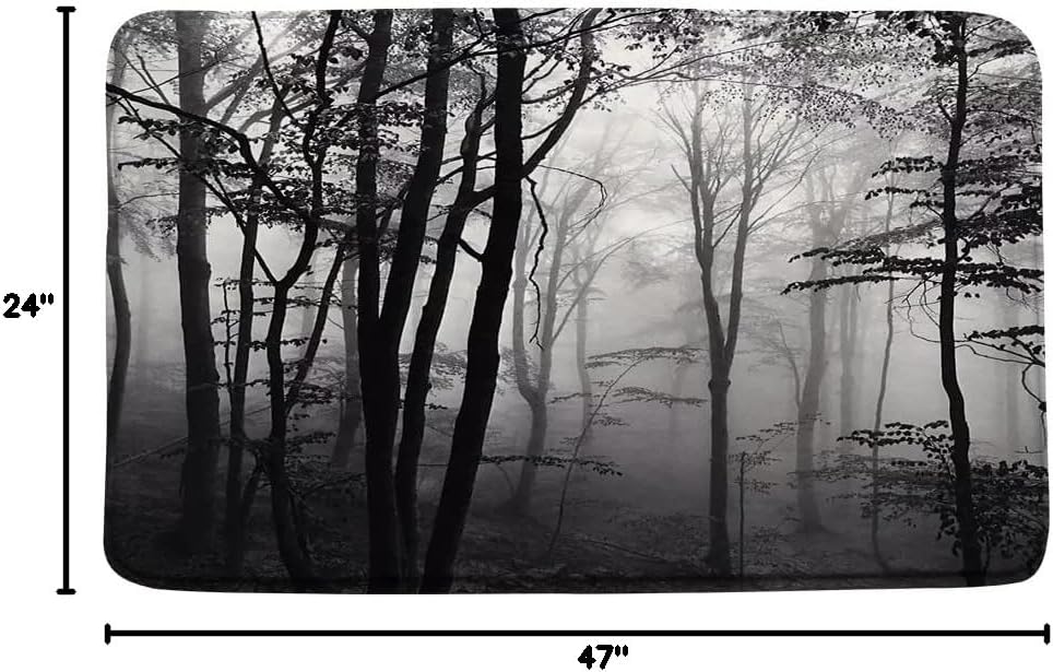 Misty Forest Bath Mat Black and White Pine Trees Forests Hazy Nature Rainforest Mountain Foggy Fir Vintage Outdoor Memory Foam Bathroom Kitchen Living Room Bedroom Rug 24x48In