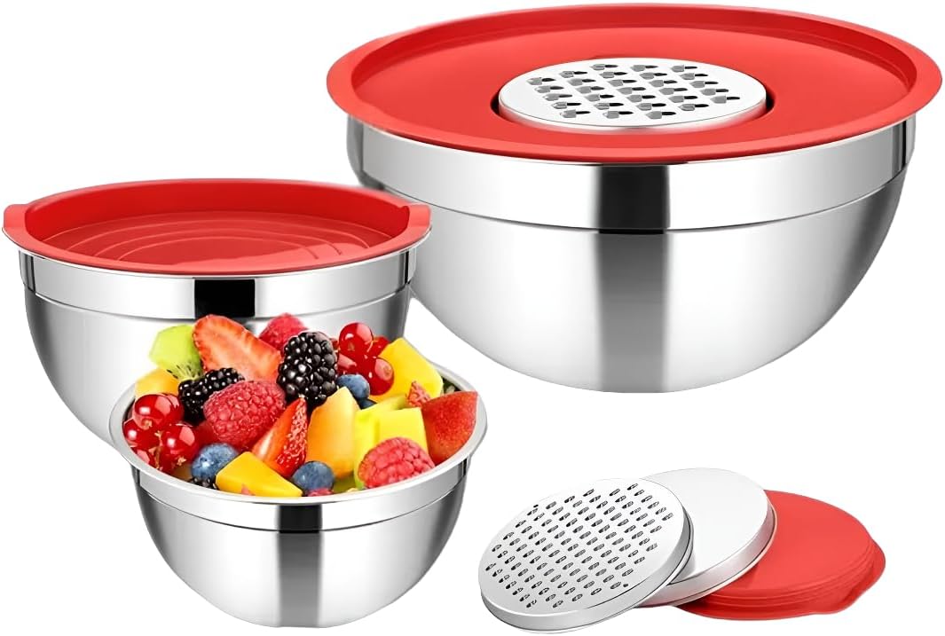 Kit Of 3 Bowls Stainless Steel Bowls With Graters Red Lid