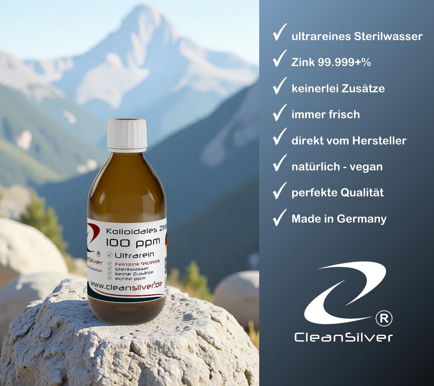 CleanSilver - Kolloidales Zink hochdosiert 100ppm, 250ml - Ultrarein: Sterilwasser und Zink 99,999+% - Made in Germany - stets frisch - keine Lagerware!