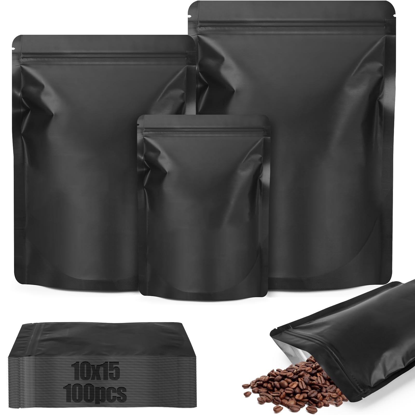 TXXATX 100 Pcs Mylar Bags 10x15 cm Aluminum Foil Bags Ziplock Resealable Smell Proof Bag Stand Up Pouches Black Heat Seal Packaging Baggies for Nut Coffee Beans Tea Candy Cookie Jewellery