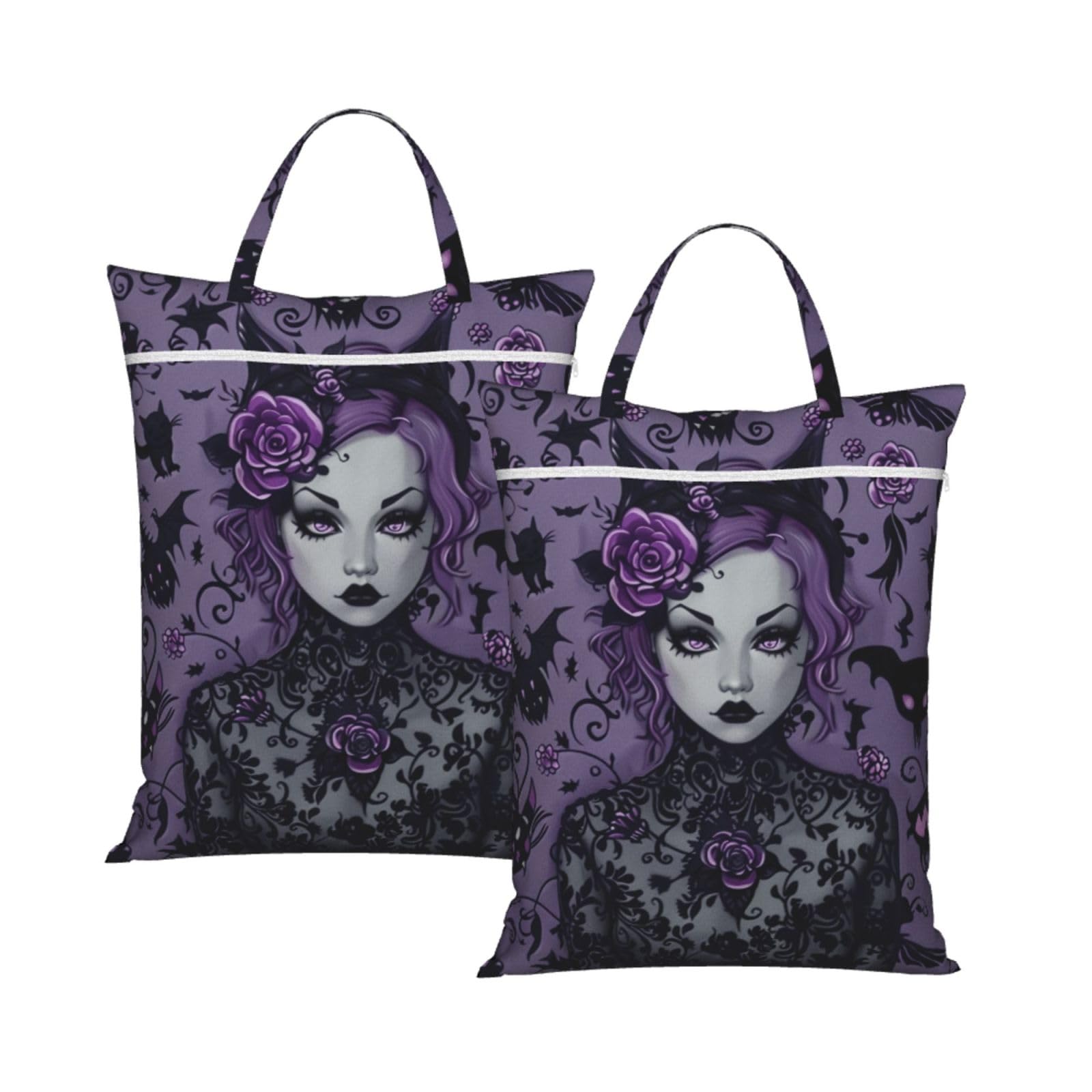 Large Travel Laundry Bags,Purple Black Goth Spooky Print with Handle Foldable Laundry Bag for Holidays Gym Swimming and Family Trips, 2Pcs