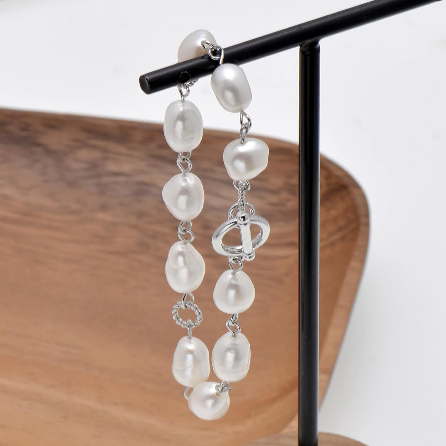 Freshwater Cultured Baroque Pearls Beaded Wire Linked Bracelet Toggle Clasp, 7.5" - Image 3