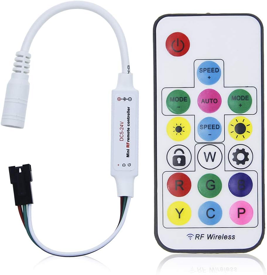 WS2812B WS2811 Addressable LED Controller RF Remote Wireless Mini Controller 5~24V DC for WS2812 WS2811 Dream Color Rainbow RGB LED Pixel Strip Panel Light, 3pin JST Connector 200 Color Modes
