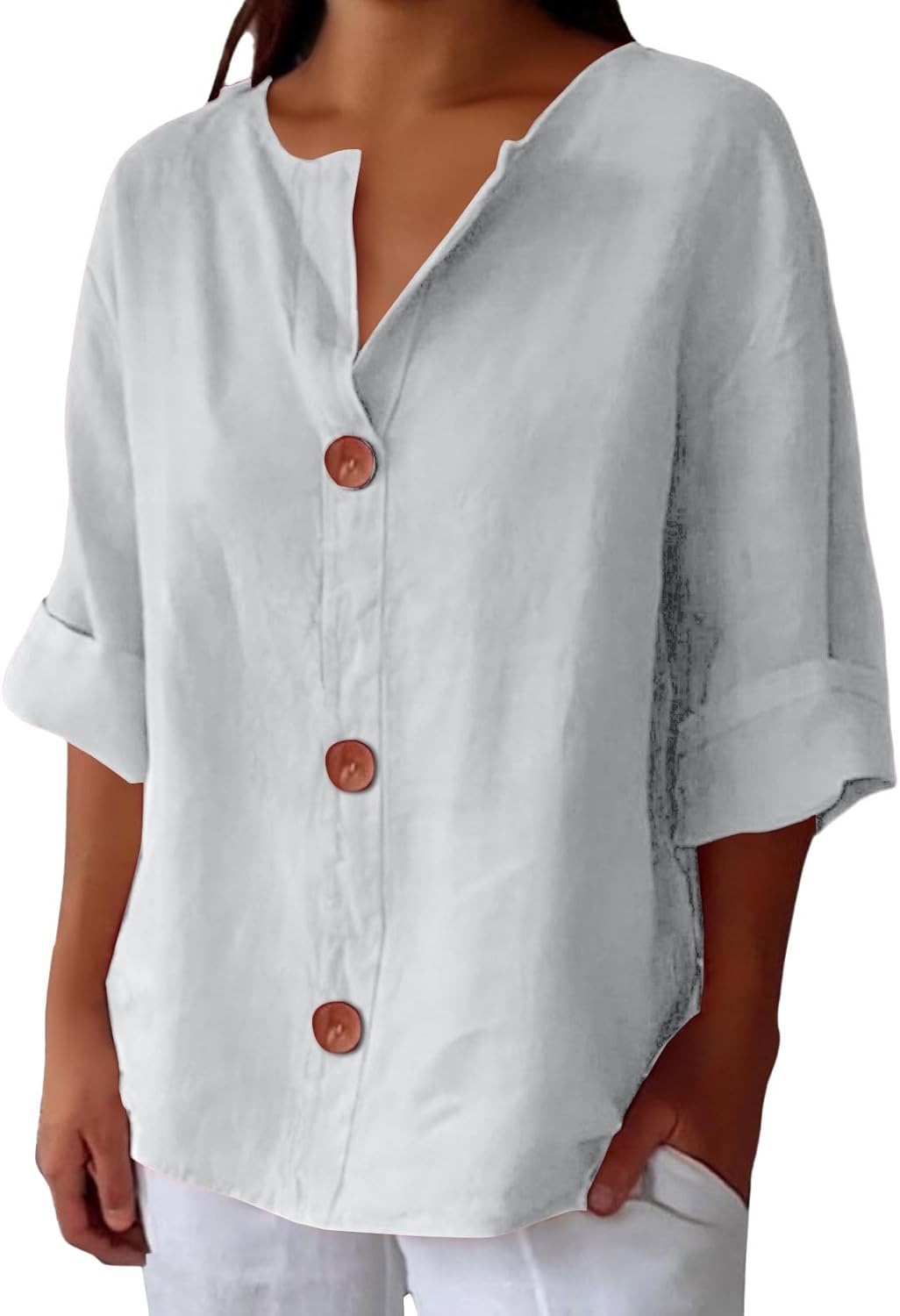 Linen Shirts for Women - Plus Size Summer Cotton Linen Tops 3/4 Sleeve V Neck Button Down Shirt Dressy Casual Clothes