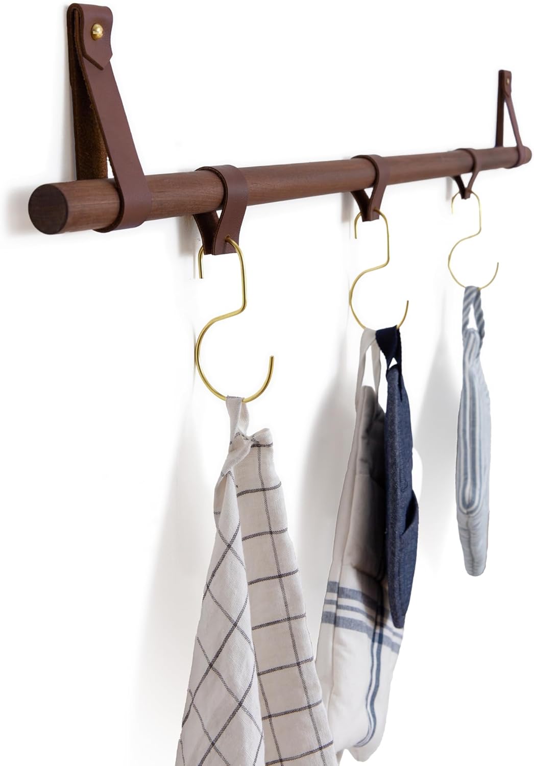 Keyaiira - Hanging Storage Rack Towel Holder Kit Wall Mounted Utensil or Mug Rail Kitchen, Bathroom, Camper, RV, Leather & Wood, Gold/Brass Hardware, Simple Hook, Small Space Organization, Coffee Bar