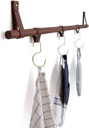 Keyaiira - Hanging Storage Rack Towel Holder Kit Wall Mounted Utensil or Mug Rail Kitchen, Bathroom, Camper, RV, Leather & Wood, Gold/Brass