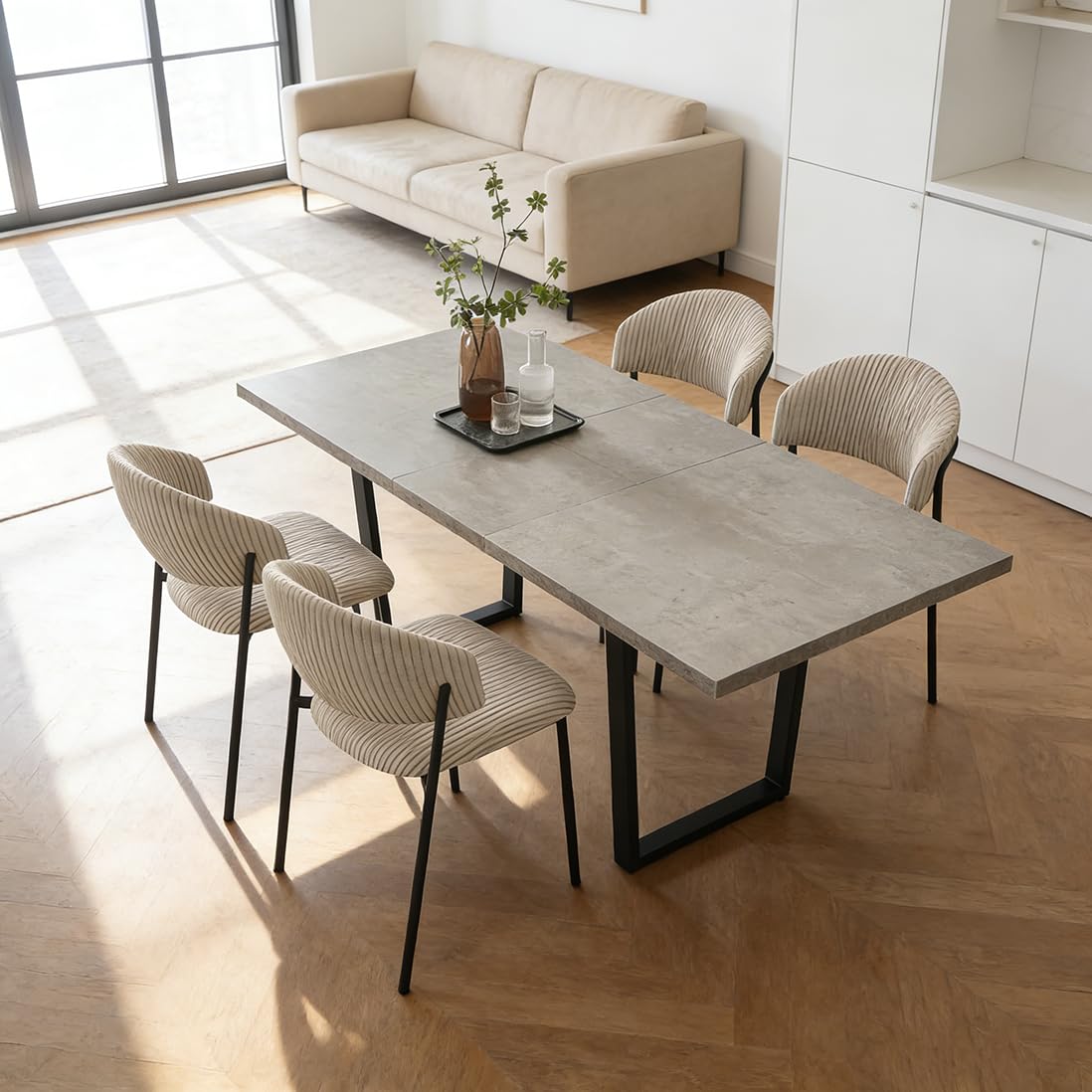 JIEXI Juego de 4 mesas de Comedor Extensibles de 130 x 170 cm, 4 sillas de Pana, Tablero Rectangular de MDF de Cemento, Estilo Moderno y contemporáneo para Comedor y Cocina