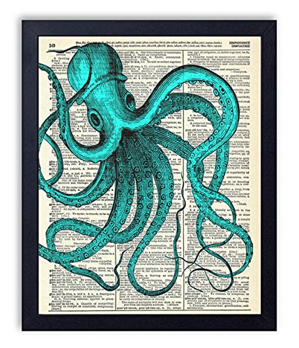 Blue Octopus (#2), Vintage Dictionary Art Print, Antique Wall Art Home Decor, Modern Boho Poster, Farmhouse Decoration Living Room Bedroom Office 8x10 Inches, Ready To Frame