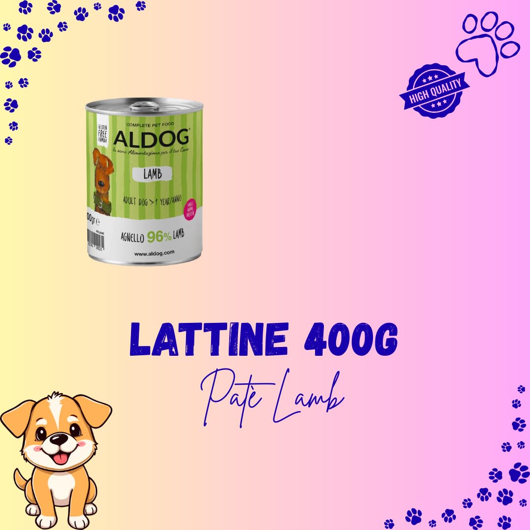 Perro Aldog Latas húmedas para perros, alimento para perros adultos de todas las tallas y razas, N. PATE ALDOG LAMB sabor cordero, 6 latas de 400 g, 6 x 400 g