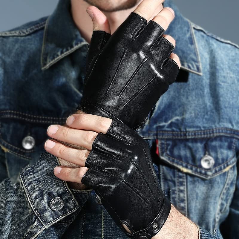 Guantes de invierno Guantes de cuero genuino para hombres y mujeres, guantes sin dedos para amantes, guantes negros de medio dedo para exteriores, guantes tácticos para conducir de cuero para hombres