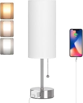 Dott Arts Table Lamp for Bedroom, 3-Color Bedside Lamps with Pull Chain, Bedroom Table Lamps for Nightstand,AC Outlet Small Lamp for Living Room, Bulb Included Nickel