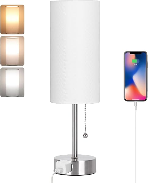 USB Bedside Table Lamp, 2700K 4000k 5000K Nightstand Lamp with Pull Chain, Bedside Lamp with USB Port & AC Outlet, Table