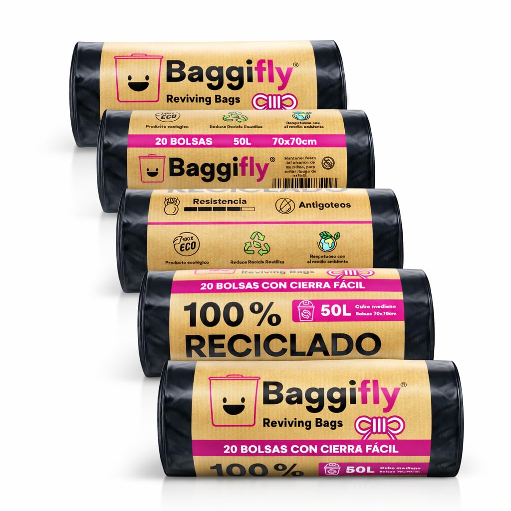 Baggifly, Bolsas de Basura 50L, 100 Bolsas Súper Resistentes, 100% Recicladas, Cierra Fácil, ECO Friendly, Hogar, Oficinas y Hostelería, Pack 5 x 20, Fabricado en España