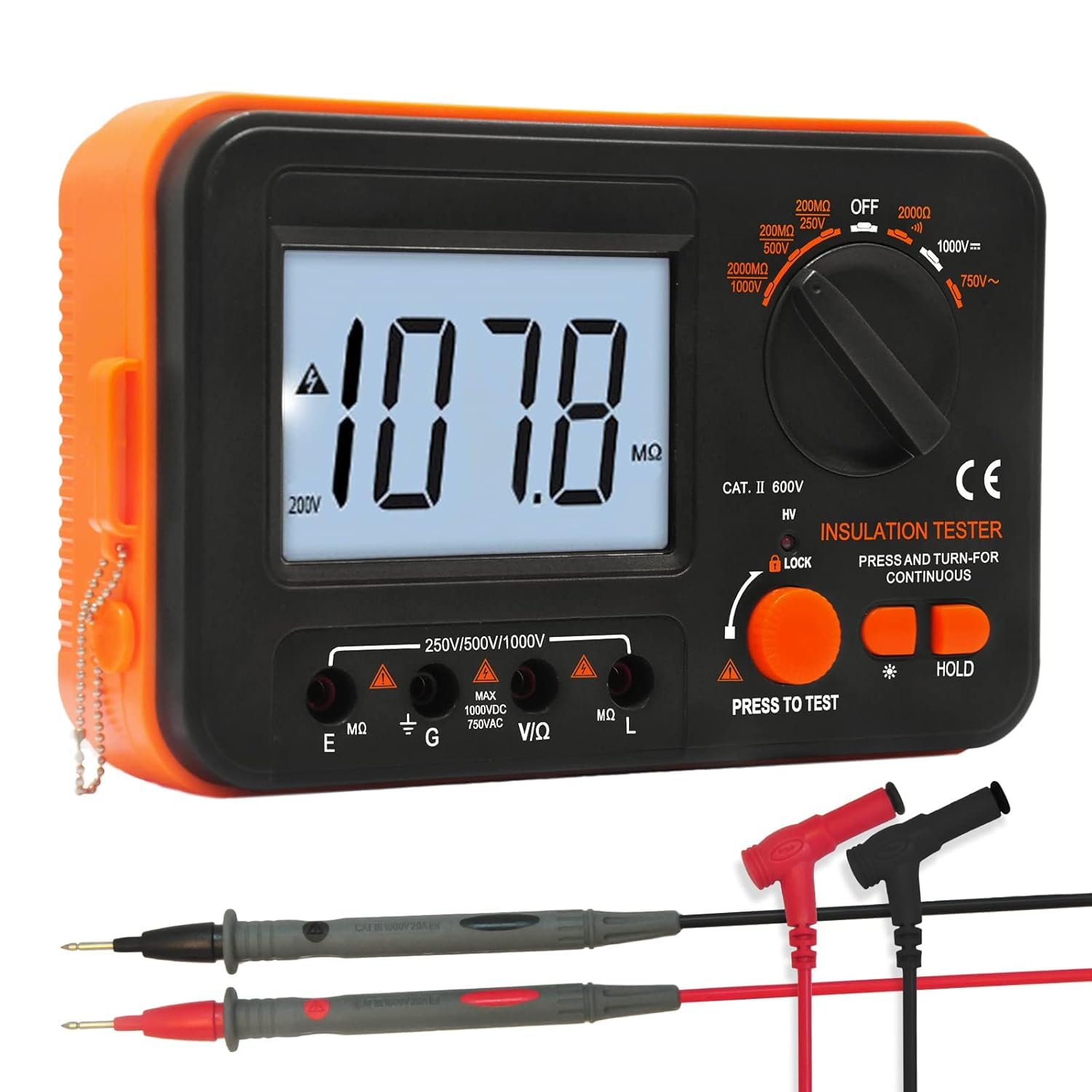Megaohmmetro Digitale, Kethvoz Tester di Resistenza di Isolamento Professionale Misura Ohm 0,1 MΩ~2 GΩ, Voltaggio di Test 250V/500V/1000V, Tensione CA/CC con Conservazione dei Dati
