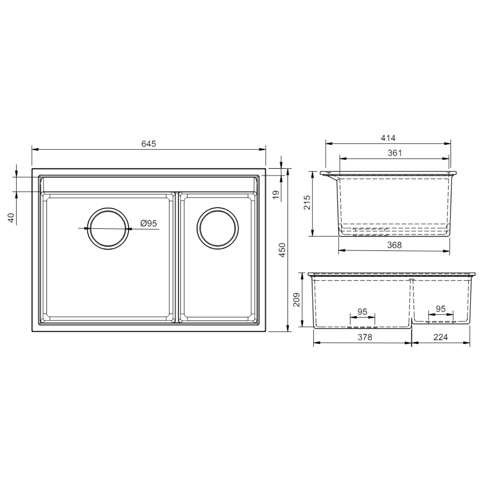 Évier de cuisine double en granit encastrable - 2 à 1,5 cm - Cadre 2,5 cm - Gris