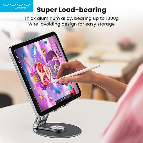 Miniatura 6 de vyvylabs Soporte para tableta ajustable, estructura de doble eje con base giratoria de 360, soporte ajustable plegable para dibujo, compatible con