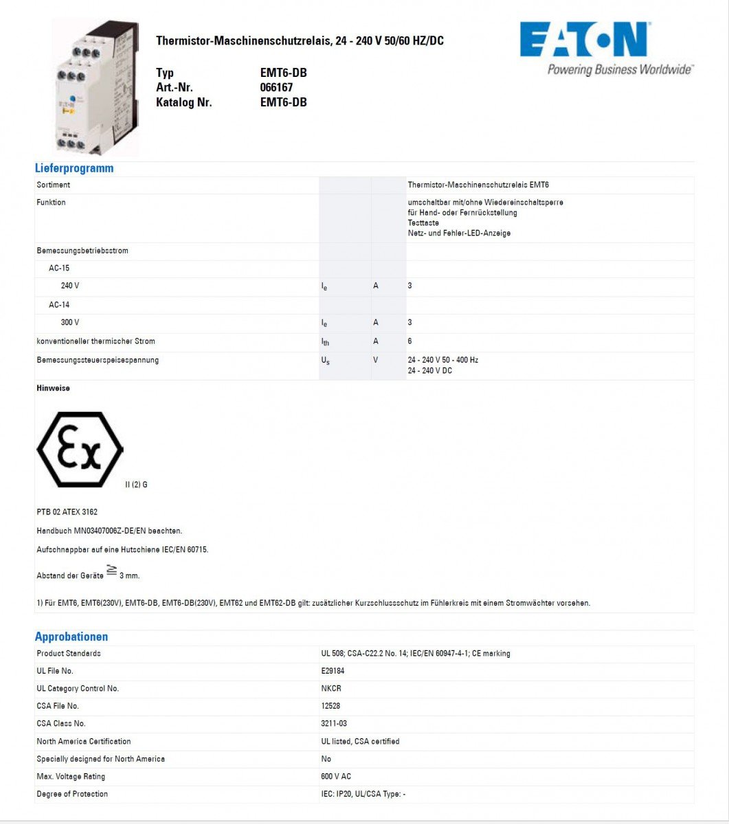 Eaton EMT6 Überlastrelais, / 3A 2 W 1 Schließer/1 Öffner, 240V ac/dc / 3A, 103 mm x 23mm