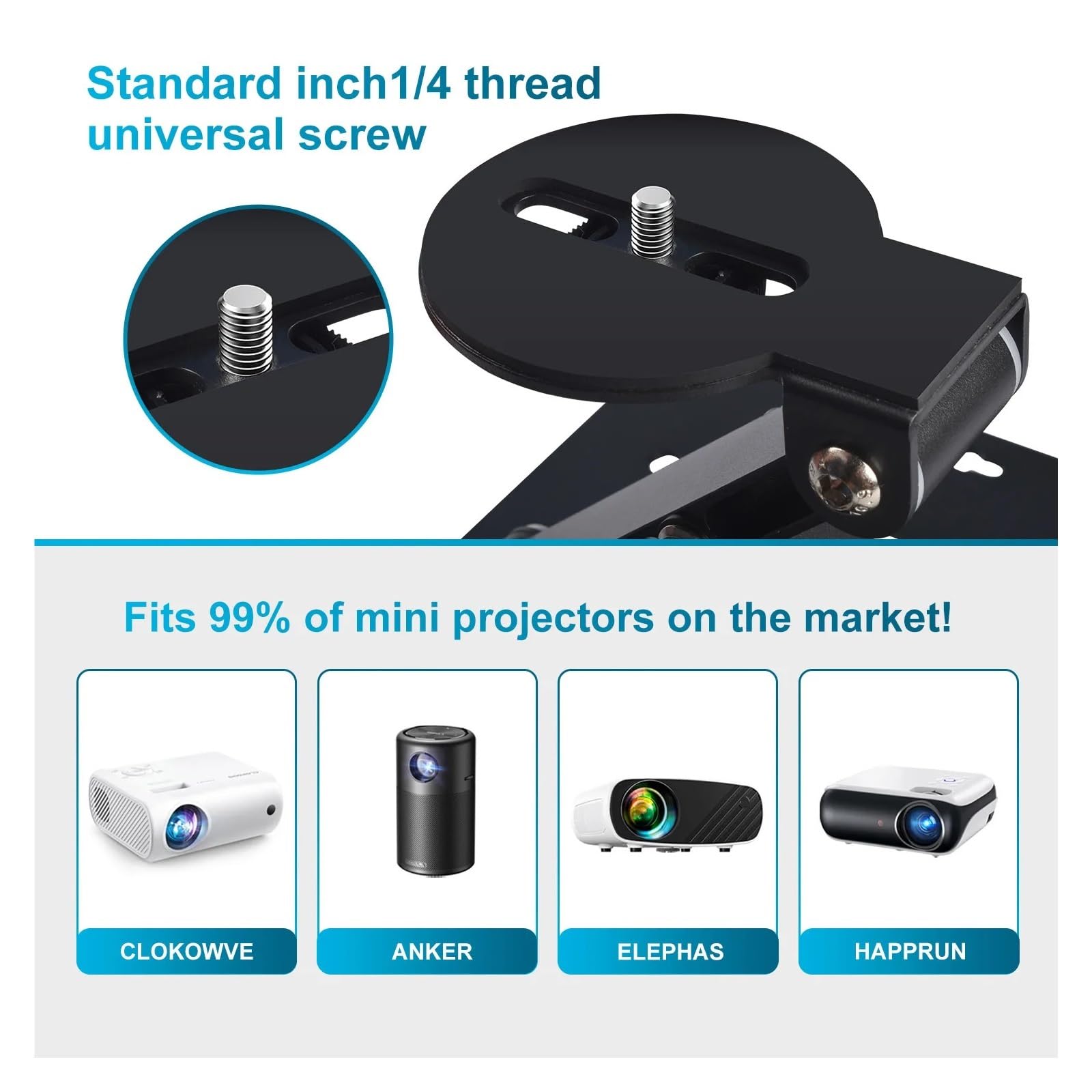 Supporto for Proiettore, Compatibile Con Mini Proiettori Universali Con Vite Da 1/4 Di Pollice | Supporto pieghevole da tavolo e da soffitto con regolazione a 180 gradi(Sliver Holder)