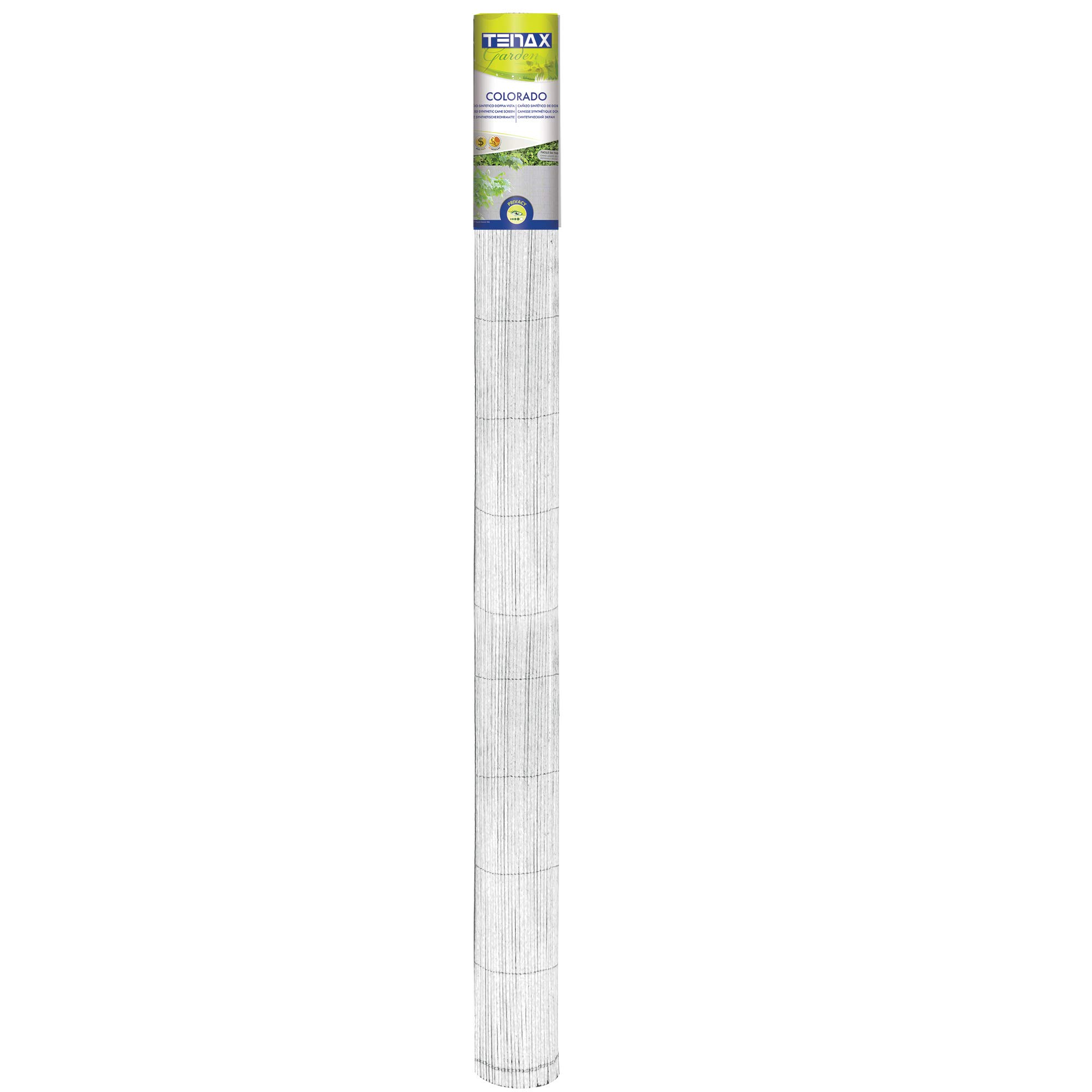 Tenax Colorado 1,50 x 5 m Blanc, Canisse Synthétique en PVC avec Cannes Entières de 7 mm, Brise-Vue pour Jardins, Balcons et Clôtures