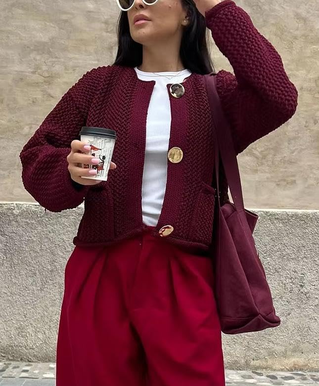 Women Casual Gold Button Down Cardigan Chunky Knit Long Sleeves Crew Neck Knitted Sweater with Pocket3