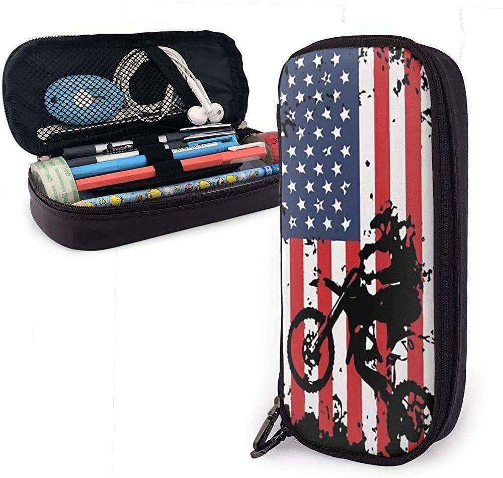 Motocross Vintage Dirtbike American Flag Leather Pencil Case Large Capacity Cosmetic Bag Pen Pouch