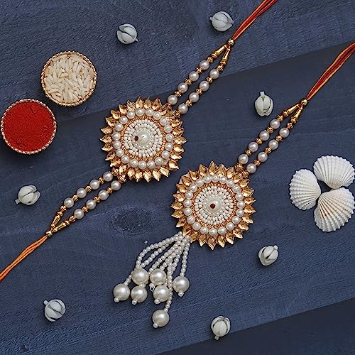Image of eCraftIndia Pearls Designer Bhaiya Bhabhi Rakhi Set with Roli Chawal Pack | Rakhis for Brother Bhaiya Bhai