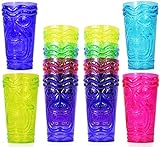 Set of 12 Party Tiki Cups! BPA Free 16 Ounce Tumbler Drinkware Set Luau Shape! 4 Bright Colors! Tiki Mugs! Reusable Plastic Party Cups! (12)