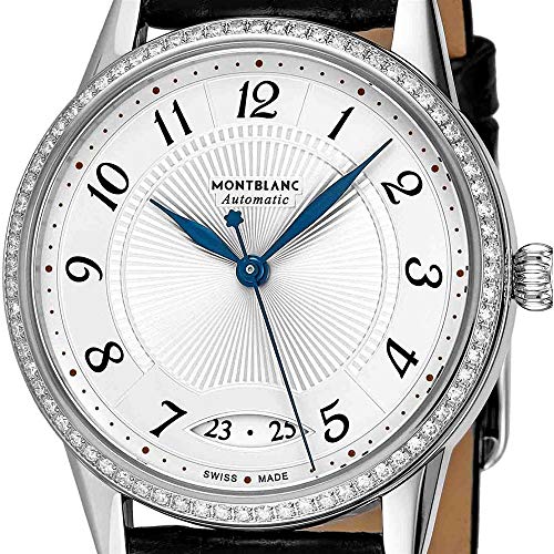 MONTBLANC Boheme Womens Automatic Diamond Watch - 34mm Silver Face with Second Hand, Date and Sapophire Crystal - Stainless Steel Black Leather Band Swiss Made Ladies Luxury Watch 1147342