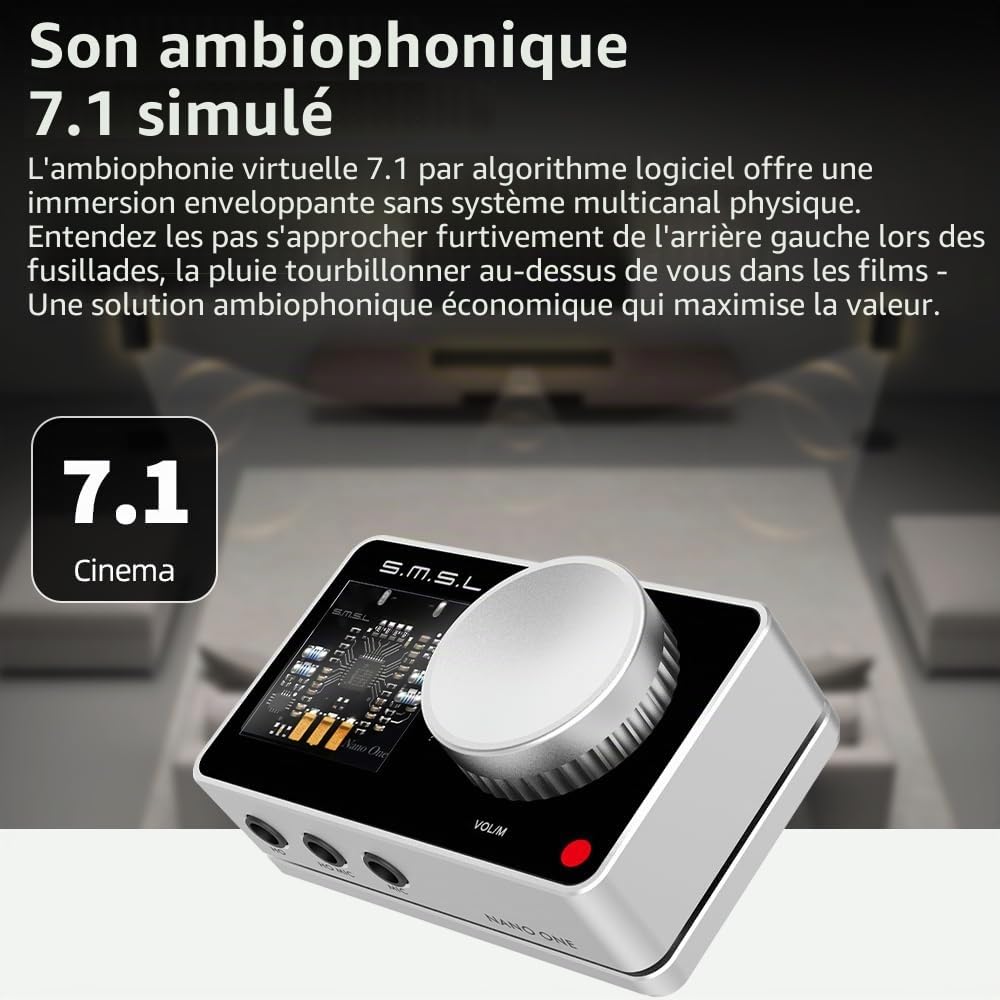 Carte son externe SMSL Nano ONE Pro, puce DSP Hi-Fi, son surround virtuel 7.1, pour Windows/Mac/téléphone/diffusion en direct/jeu, sortie casque 3,5 mm, entrée micro, Plug and Play sans pilote (Noir)