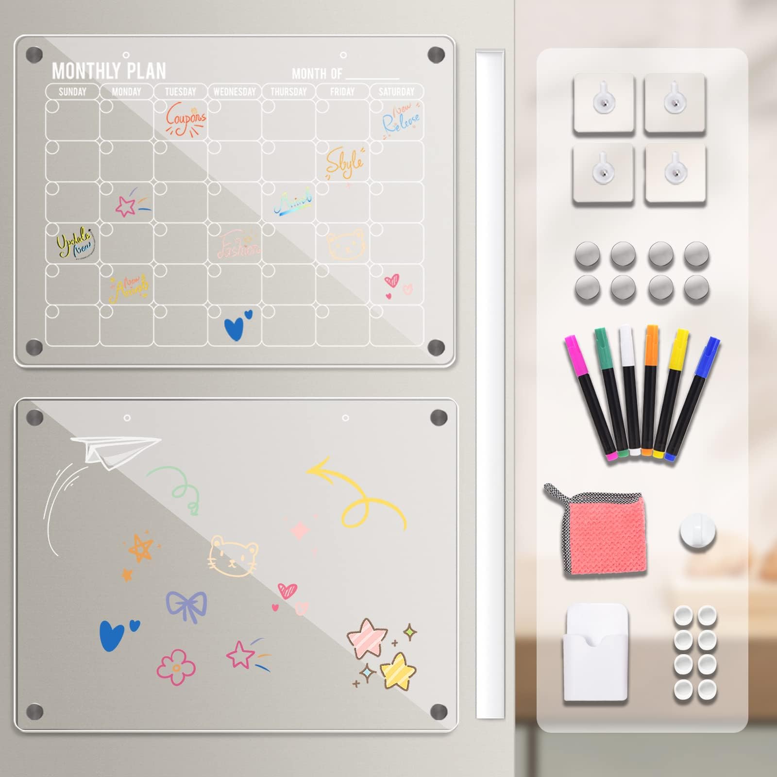 homyaco 2pcs Acrylic Magnetic Dry Erase Board for Fridge, Strong-Magnetic and Adhesive Clear Monthly and Memo Calendar for Refrigerator and Wall, Including Wall Hook for Different Scenes