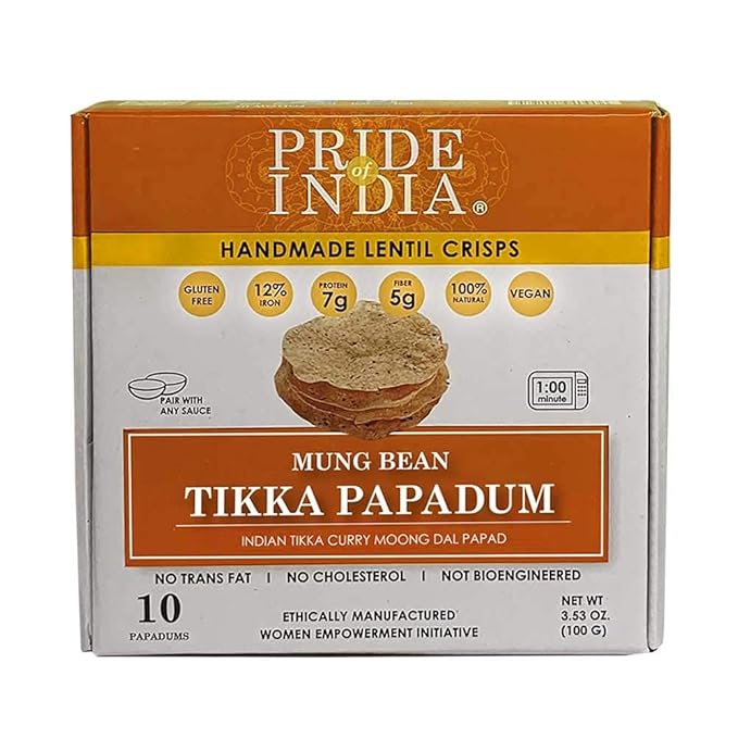 Tikka Curry Mung Bean Papadum Lentil Crisp, Pack of 6-10 count (3.53oz - 100gm) - Instant Microwaveable Vegan Healthy Crackers | Tastes like Indian Curry Sauce | Mild Spice Level