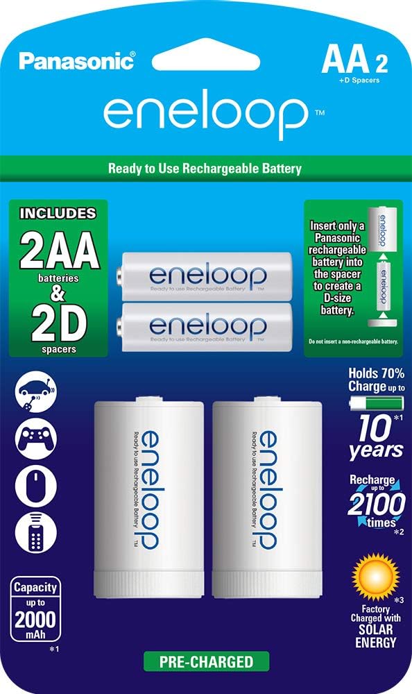 Panasonic K-KJS1MCA2BA eneloop D Size Battery Adapters with eneloop AA 2100 Cycle Ni- MH Pre-Charged Rechargeable Batteries, 2 "D" Adapters with 2 Batteries